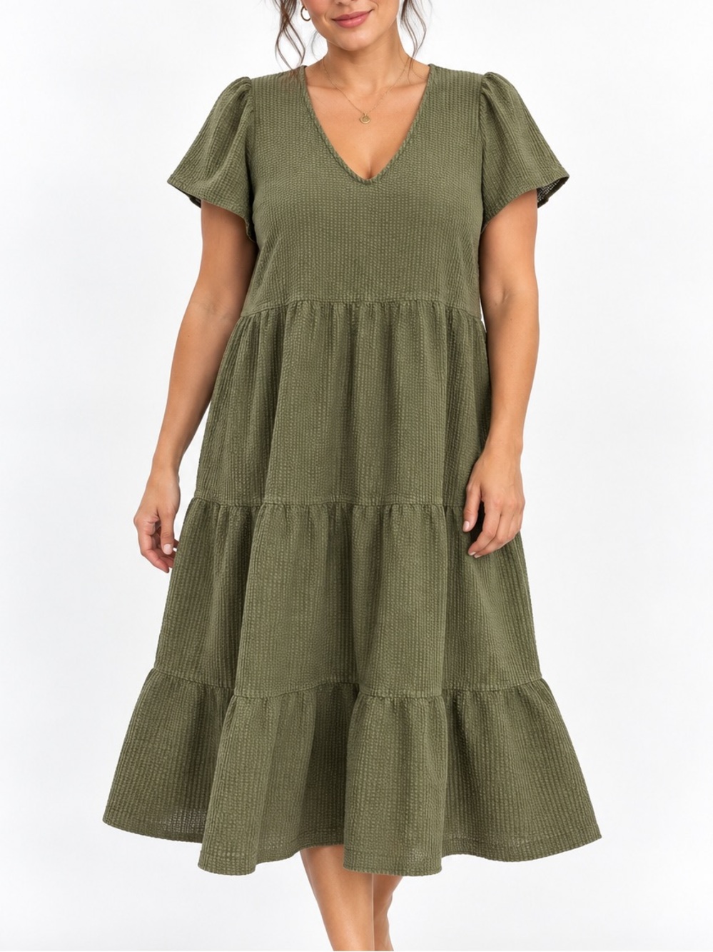 Madewell Olive Green Seersucker Waffle Knit Tiered V-Neck Midi Dress Size XXL